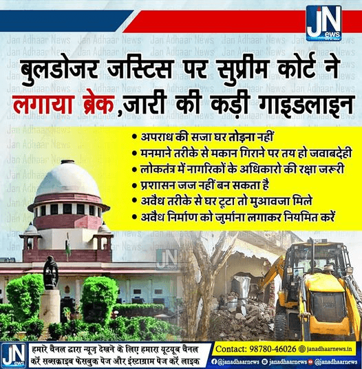 बुलडोजर जस्टिस पर सुप्रीम कोर्ट ने लगाया ब्रेक, जारी की कड़ी गाइडलाइन।