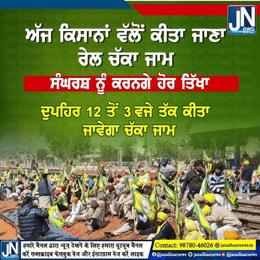 ਅੱਜ ਕਿਸਾਨਾਂ ਵੱਲੋਂ ਕੀਤਾ ਜਾਣਾ ਰੇਲ ਚੱਕਾ ਜਾਮ |