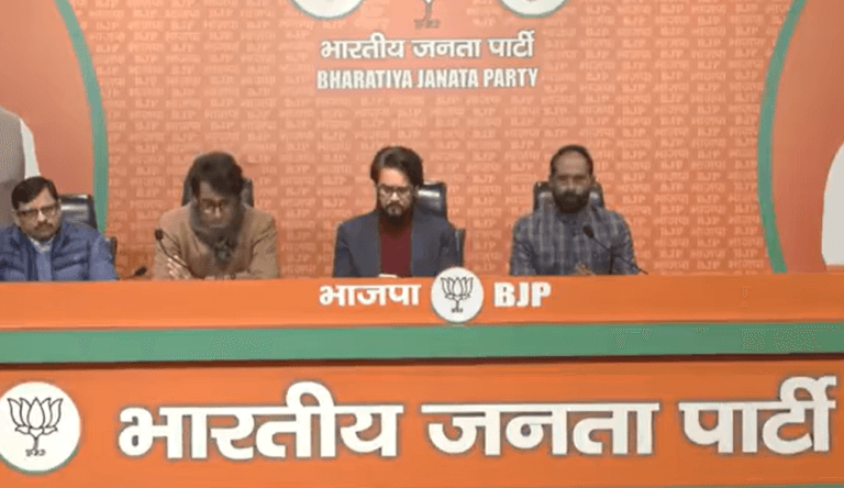 Shri Anurag Singh Thakur addresses a press conference at BJP headquarters in New Delhi.