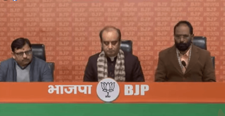 BJP National Spokesperson Dr. Sudhanshu Trivedi addresses a press conference at BJP headquarters in New Delhi.