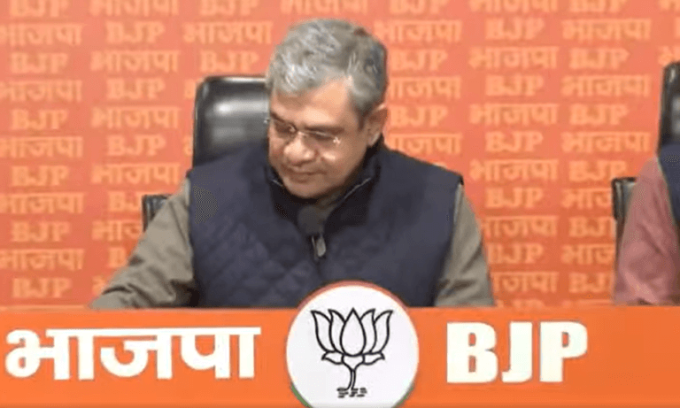 Union Minister Shri Ashwini Vaishnaw addresses a press conference at BJP headquarters in New Delhi.
