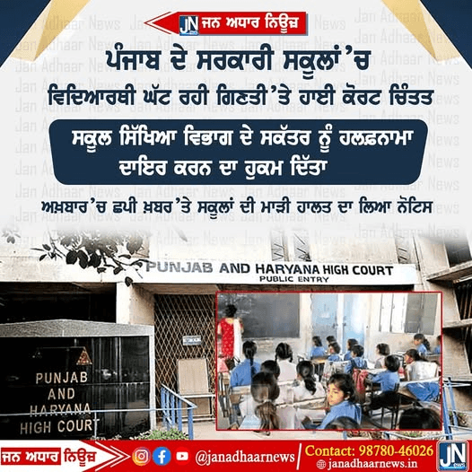 ਪੰਜਾਬ ਦੇ ਸਕੂਲਾਂ ਵਿੱਚ ਸਰਕਾਰੀ ਬੱਚਿਆਂ ਦੀ ਗਿਣਤੀ ਘਟਣ ਤੇ ਹਾਈ ਕੋਰਟ ਨੇ ਜਤਾਈ ਚਿੰਤਾ