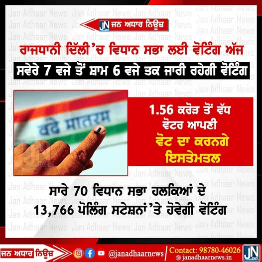 ਦਿੱਲੀ ਵਿਧਾਨ ਸਭਾ ਚੋਣਾਂ ਸਵੇਰੇ 7 ਵਜੇ ਤੋਂ ਸ਼ਾਮ 6 ਵਜੇ ਤੱਕ ਜਾਰੀ ਰਹੇਗੀ ਵੋਟਿੰਗ।