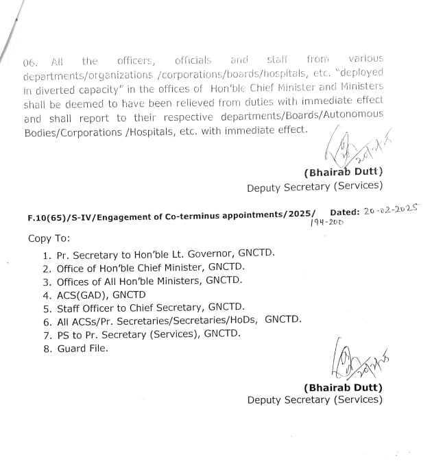 The newly formed Delhi government terminates all co-terminus appointments