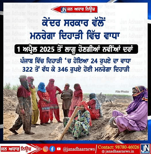 ਮਨਰੇਗਾ ਮਜ਼ਦੂਰਾਂ ਲਈ ਖੁਸ਼ਖਬਰੀ – ਕੇਂਦਰ ਸਰਕਾਰ ਵੱਲੋਂ ਮਨਰੇਗਾ ਦਿਹਾੜੀ ਚ ਕੀਤਾ ਵਾਧਾ।